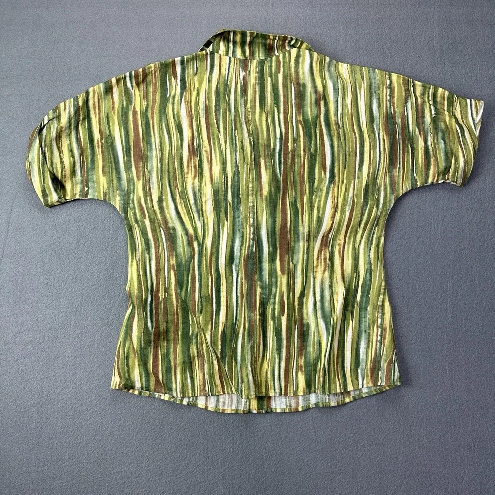 Lafayette 148 Shirt Women 8 Green Brown Linen Stripe Button Up 3/4 Sleeve Pocket - Picture 7 of 8